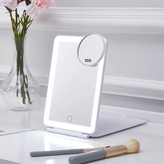 Portable LED Touch Makeup Mirror with Light – Foldable, USB Rechargeable, Adjustable Design (White, Pink, Black)